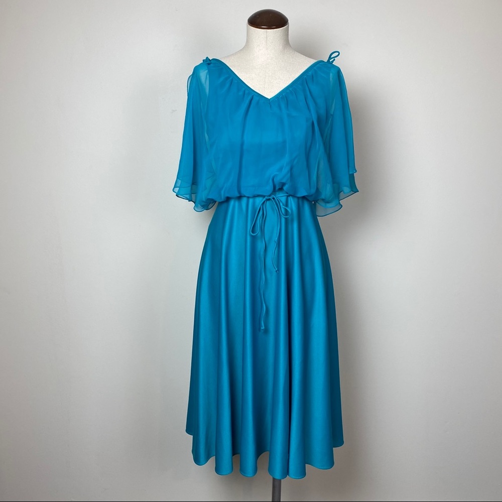 Vintage 70s Cerulean Flutter Sleeve Dress